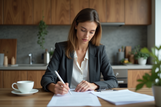 Femme professionnelle examinant des documents de prêt immobilier