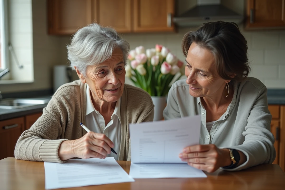 Femme âgée et fille examinent documents funéraires dans la cuisine