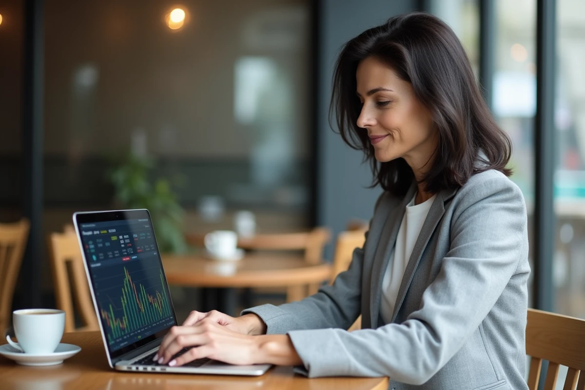 Femme consultant ses ETF Boursorama sur un ordinateur portable dans un café moderne