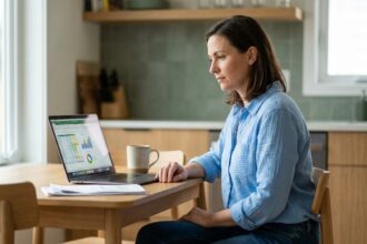 Femme en cuisine regardant un simulateur financier