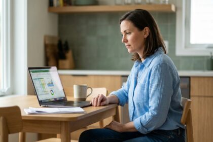 Femme en cuisine regardant un simulateur financier