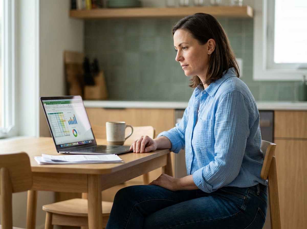 Femme en cuisine regardant un simulateur financier