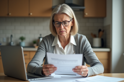 Femme préoccupée analysant des documents financiers à la maison