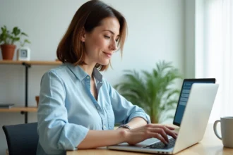 Femme gérant ses comptes bancaires en ligne depuis son espace client sur un ordinateur portable à domicile