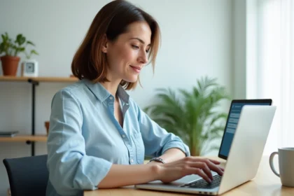 Femme gérant ses comptes bancaires en ligne depuis son espace client sur un ordinateur portable à domicile
