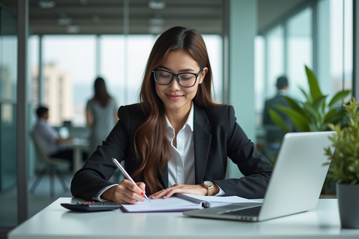 Jeune femme en tenue décontractée travaillant en bureau