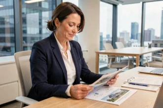 Femme professionnelle analysant un portefeuille d'investissement SCPI dans un bureau moderne