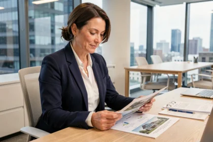Femme professionnelle analysant un portefeuille d'investissement SCPI dans un bureau moderne