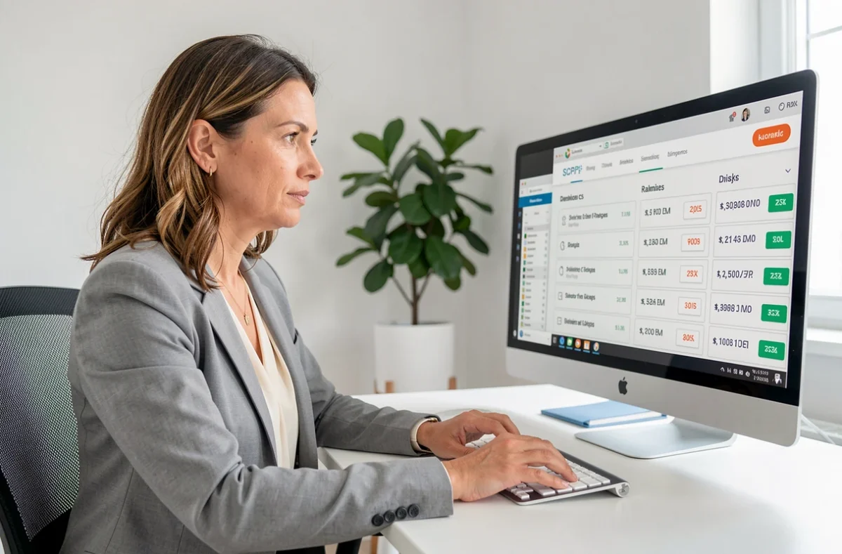 Femme investisseuse comparant des SCPI en assurance vie sur son ordinateur dans un bureau à domicile