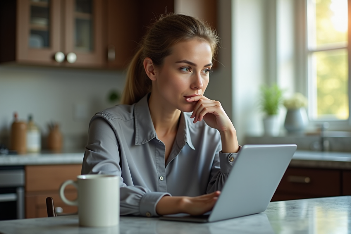 Femme concentrée utilise une application crypto sur une tablette dans la cuisine