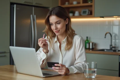 Jeune femme avec carte bancaire sur table de cuisine