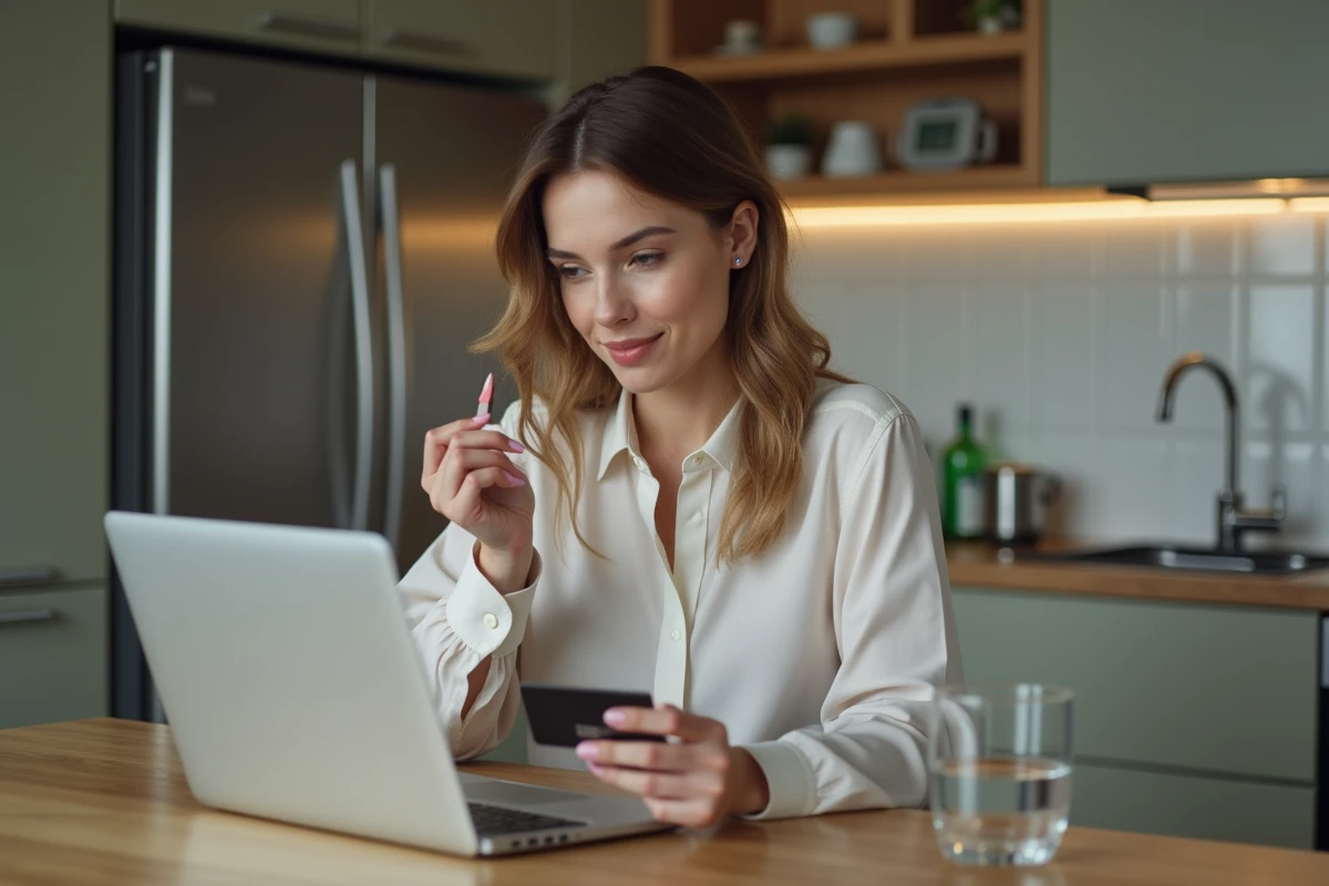 Jeune femme avec carte bancaire sur table de cuisine