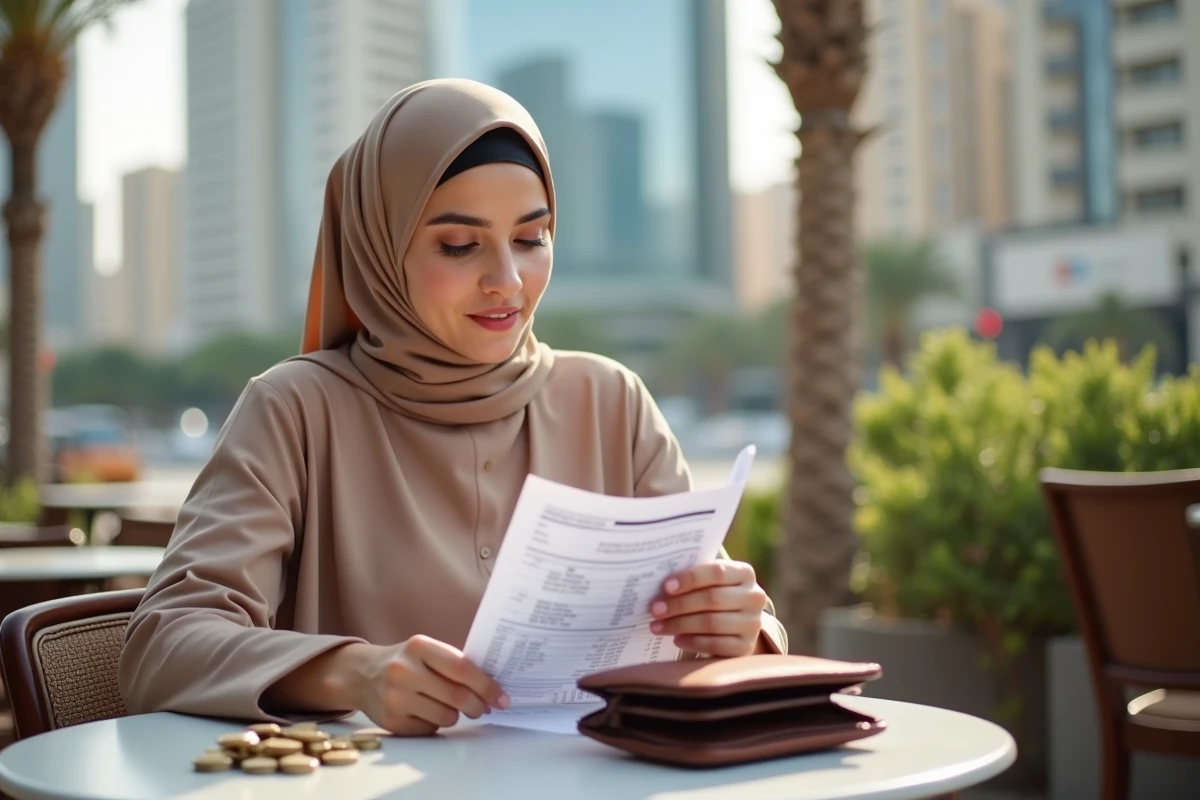 Jeune femme en abaya regardant un relevé bancaire à Dubai