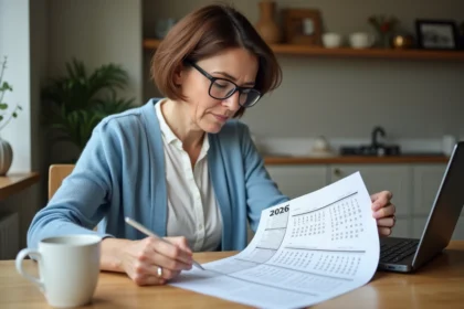 Femme organisée examinant un calendrier 2026 à la maison