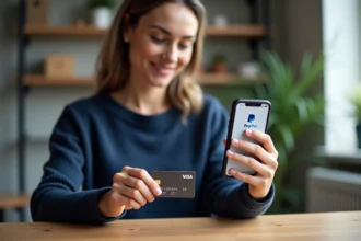 Femme comparant PayPal et carte bancaire sur son smartphone dans un bureau à domicile moderne