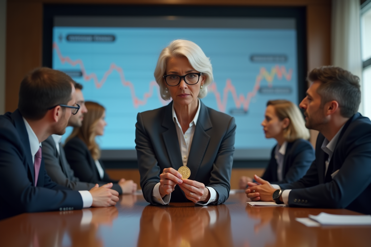 Femme d age moyen présentant une pièce ICO