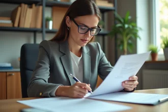 Femme professionnelle en bureau examinant des documents