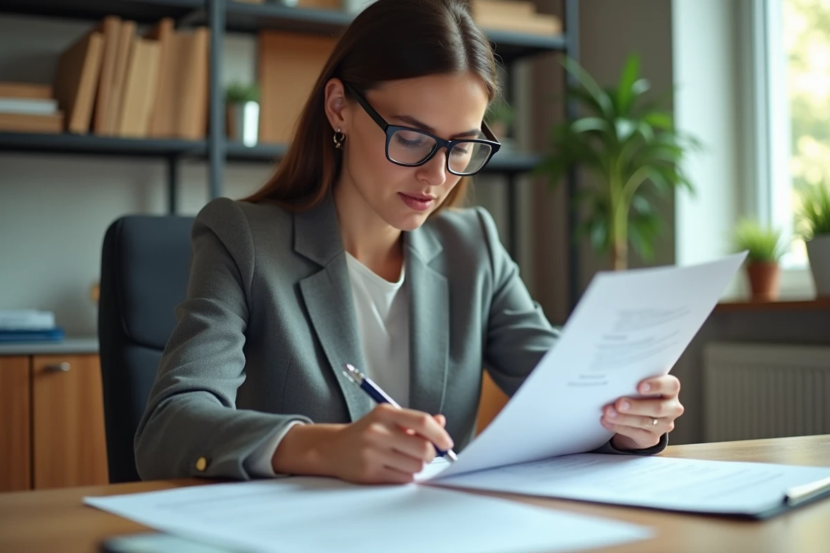 Femme professionnelle en bureau examinant des documents