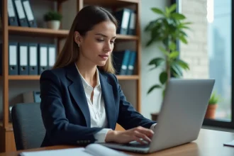 Femme professionnelle utilisant un ordinateur dans un bureau moderne