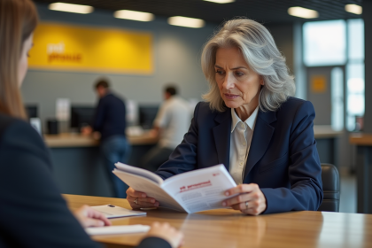 Femme d'âge moyen en blazer navy lit une brochure prêt personnel