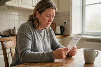 Femme examinant un relevé bancaire avec une transaction suspecte REMISEREDUCH