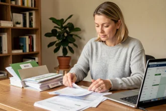 Femme consultant ses relevés de compte Crédit Agricole papier à son bureau à domicile avant un changement de banque