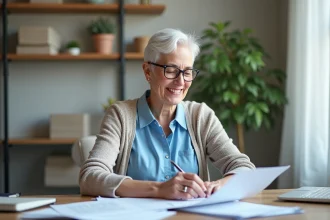 Femme souriante en blouse bleue examine des documents dans son bureau