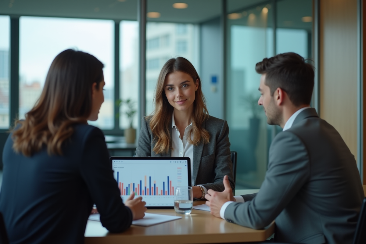 Jeune femme en réunion avec graphiques financiers sur tablette