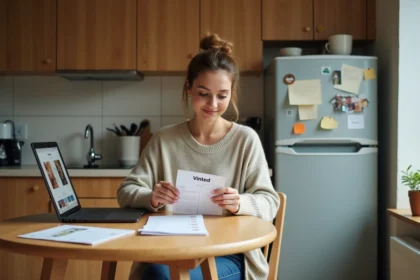 Femme vérifiant ses reçus près de son ordinateur dans la cuisine