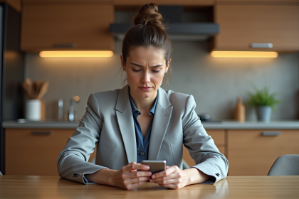 Femme d'affaires examine sa carte bancaire à la maison