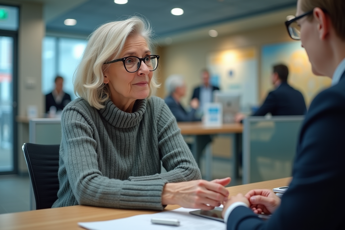 Femme senior discute avec un conseiller bancaire dans une agence