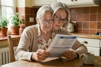 Une femme senior examine son contrat de mutuelle santé à la table de sa cuisine