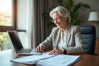 Femme senior souriante vérifiant des documents importants