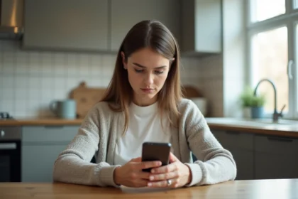 Femme en cuisine examinant son smartphone avec inquiétude