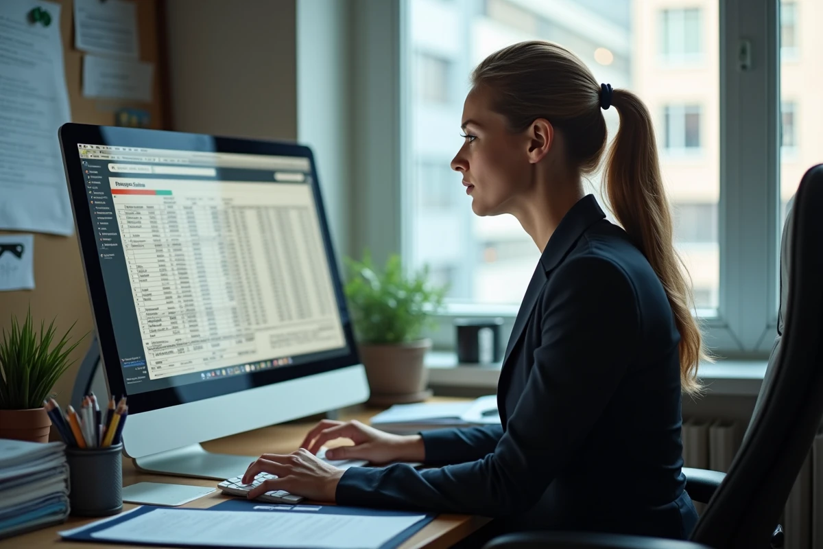 Femme spécialiste paie travaillant sur un ordinateur