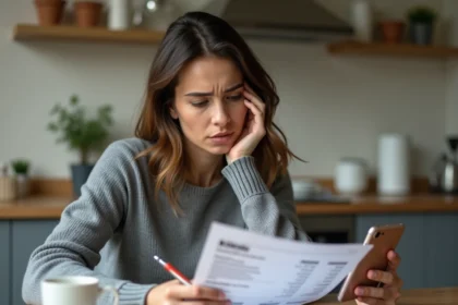 Femme stressée consultant un relevé bancaire à la table de cuisine après avoir découvert un prélèvement Remisereduc non reconnu