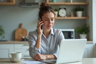 Jeune femme en bureau utilisant un ordinateur pour support technique