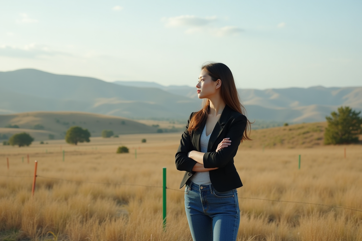 Jeune femme en jeans observe un terrain avec des piquets de marquage