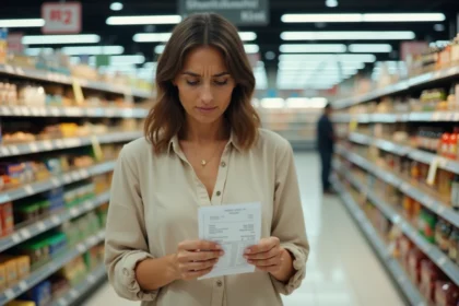 Une femme de 40 ans examine sa note de caisse dans un supermarché français, reflétant l'impact de l'inflation sur le pouvoir d'achat des ménages en 2026