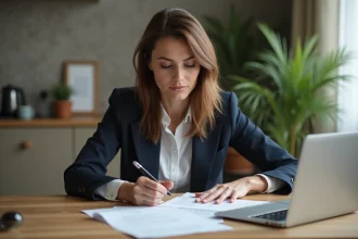 Femme en costume d'affaires examine des papiers importants
