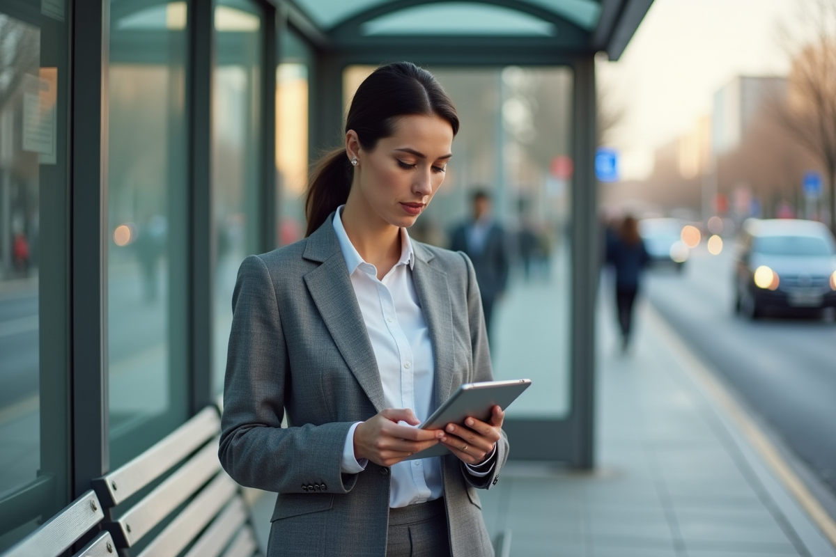 Femme d affaires consulte son plan de pension au bus