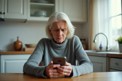 Femme inquiète vérifiant un appel suspect sur son smartphone à la maison, potentielle arnaque téléphonique La Banque Postale