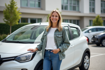 Femme souriante à côté d'une voiture en ville