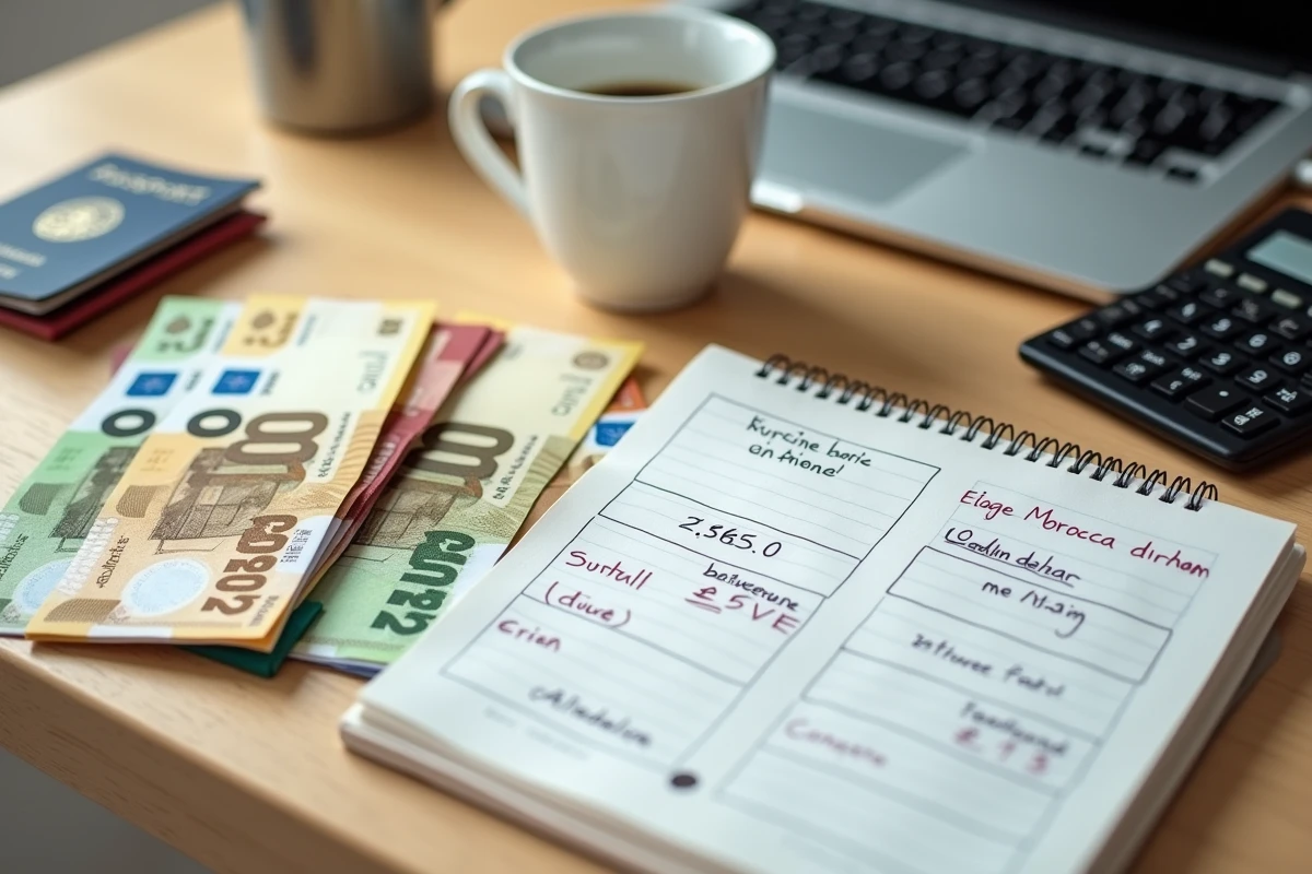 Flat lay d'un bureau avec des billets en euros et en dirhams marocains, une calculatrice et un carnet de budget pour préparer un voyage