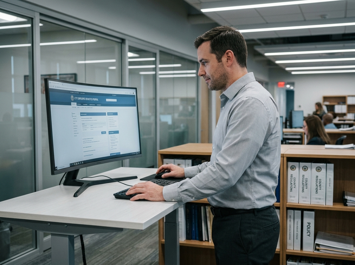 Fonctionnaire masculin consultant son espace personnel de gestion des avantages statutaires sur un ordinateur de bureau