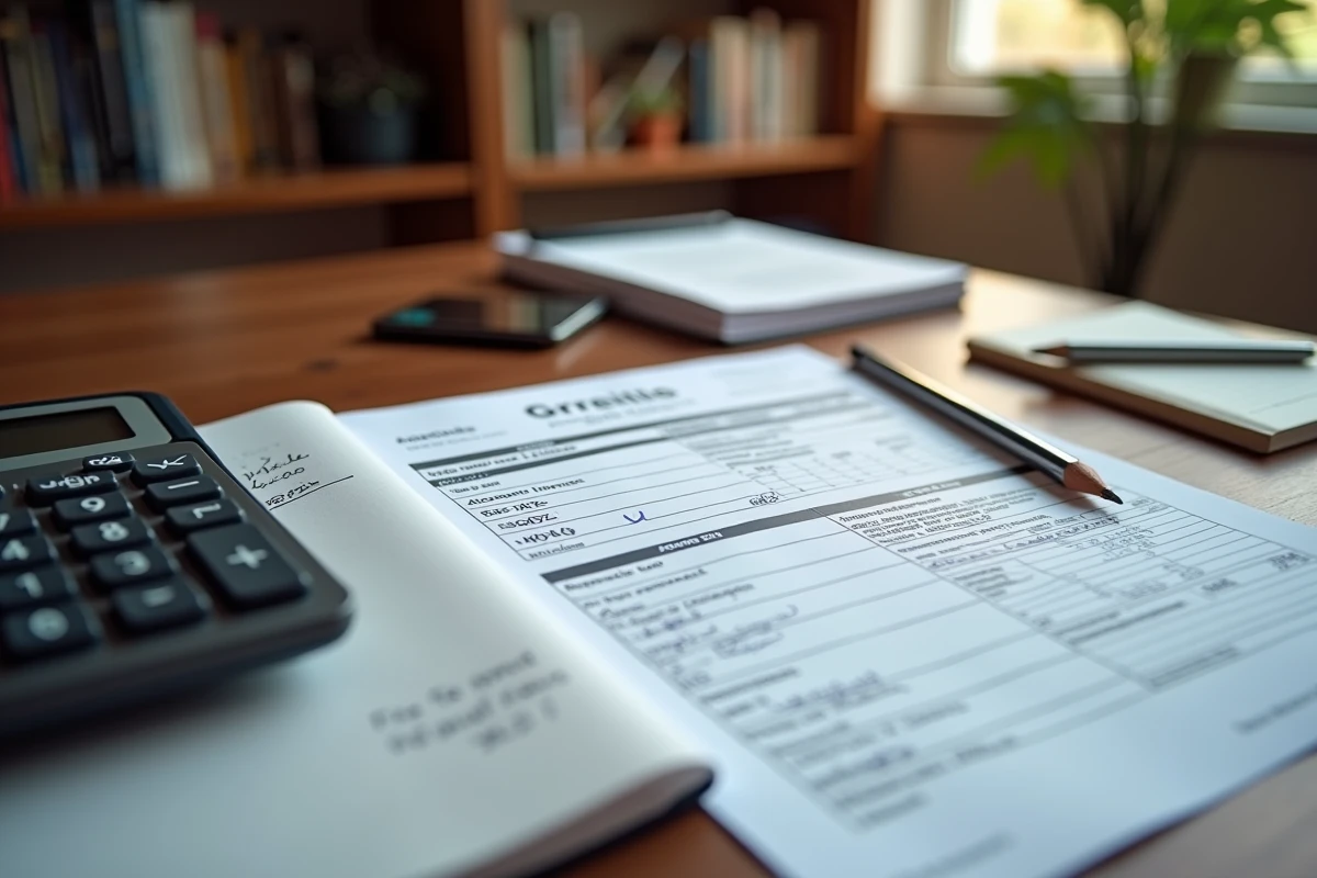 Gros plan sur une déclaration fiscale IS remplie à la main avec calculatrice et notes de premier exercice comptable