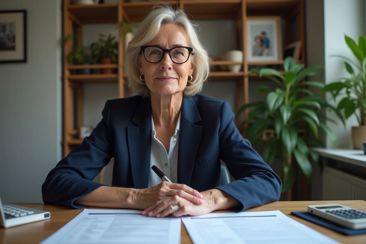 Femme gérant les documents fiscaux d'une SCI familiale à domicile