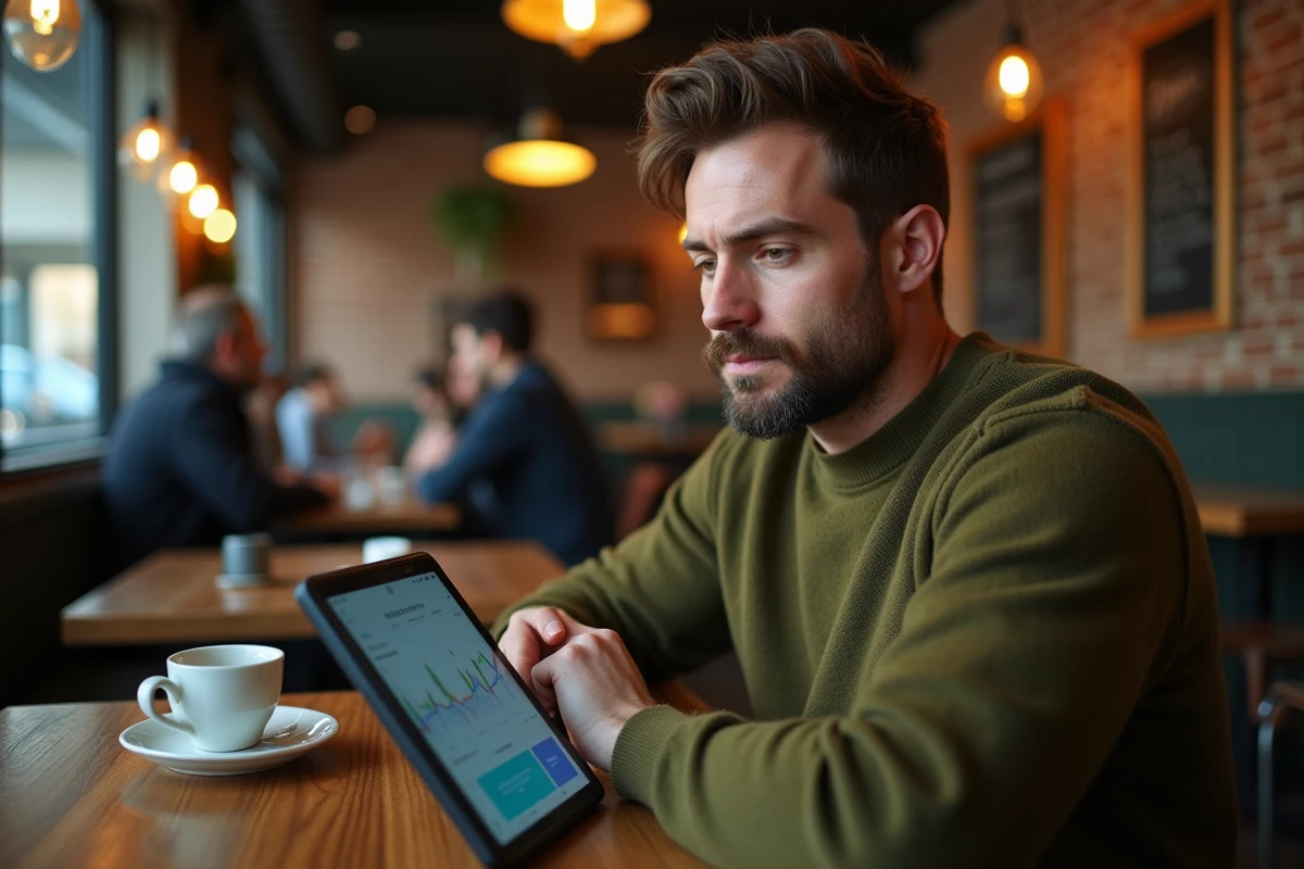 Homme consultant une application de gestion de portefeuille crypto sur tablette dans un café urbain