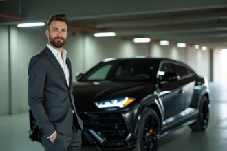 GMK Fortune posant en costume devant une Lamborghini Urus noire dans un parking urbain