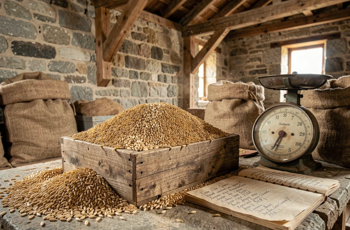 Caisse de bois remplie de grains de blé posée dans une grange française traditionnelle avec balance et registre de prix, symbole du fermage céréalier
